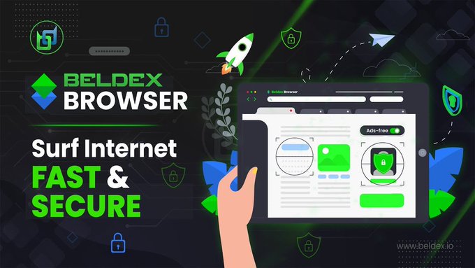 The image is a promotional banner for "BELDEX BROWSER" with the tagline "Surf Internet FAST & SECURE," featuring illustrations of a hand holding a browser window with an "Ads-free" toggle and various security shield icons, which ties to the post's critique that Web3 products treat privacy as an optional feature rather than a foundational design principle.