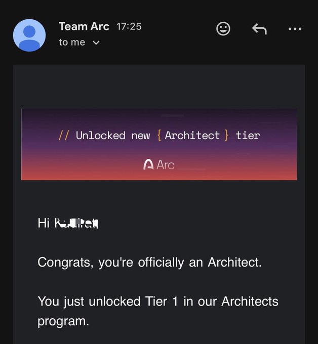 An email from 'Team Arc' congratulating the recipient on unlocking a new {Architect} tier in their Architects program.