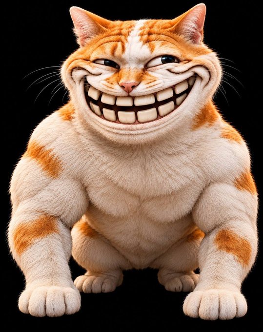 AI-generated image of an orange and white tabby cat with an exaggerated, wide grinning expression showing prominent teeth against a black background.