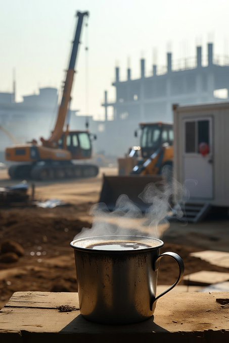 A steaming metal mug sits on a wooden surface in the foreground, with a construction site featuring a yellow crane and heavy machinery in the background.