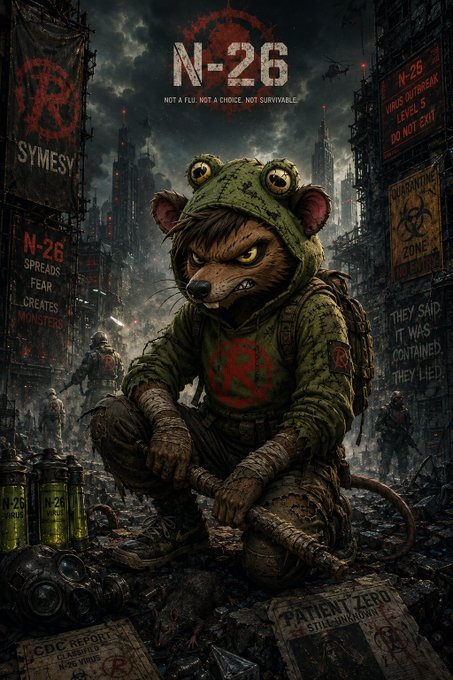 A dark, dystopian poster featuring a rat wearing a green hoodie with 'N-26' text, surrounded by warnings like 'VIRUS OUTBREAK LEVEL 5', 'QUARANTINE ZONE', 'PATIENT ZERO', and 'CDC REPORT'.