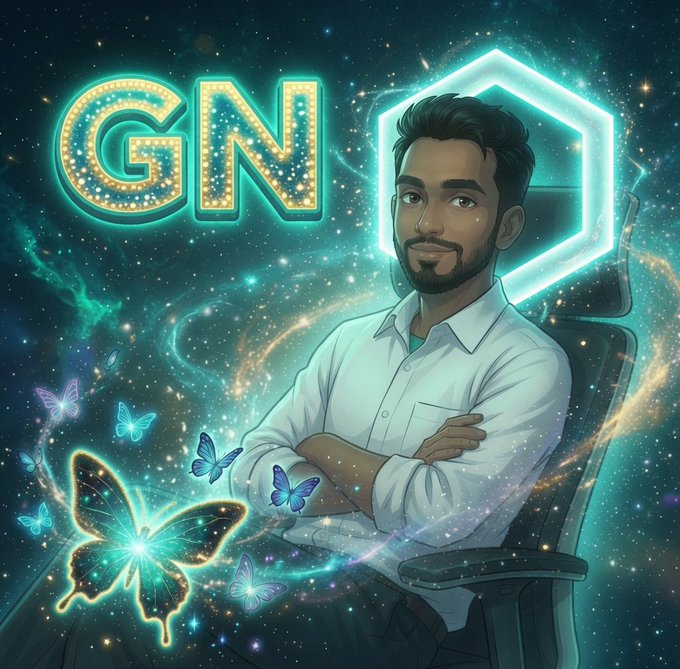 A stylized digital illustration of a man with dark hair and a beard sitting confidently with arms crossed against a cosmic, starry background with butterflies, featuring a glowing neon 'GN' sign and a hexagonal shape.