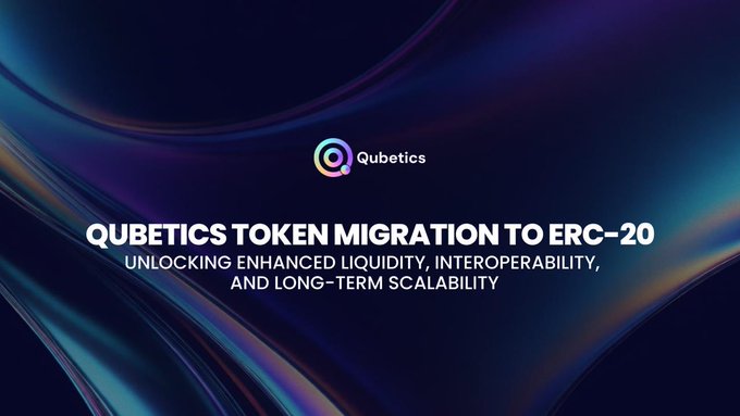 Promotional graphic with the Qubetics logo announcing 'QUBETICS TOKEN MIGRATION TO ERC-20: UNLOCKING ENHANCED LIQUIDITY, INTEROPERABILITY, AND LONG-TERM SCALABILITY.'