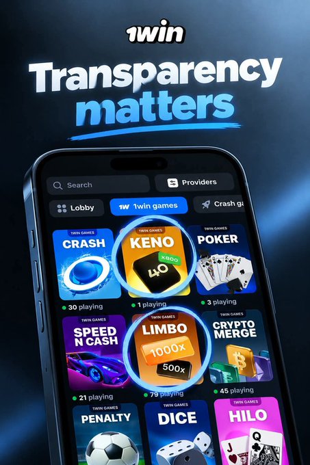 A mobile advertisement for the '1win' betting app, featuring the text 'Transparency matters' and showing various games like Keno, Crash, Poker, Limbo, and Speed-N-Cash on a smartphone screen.