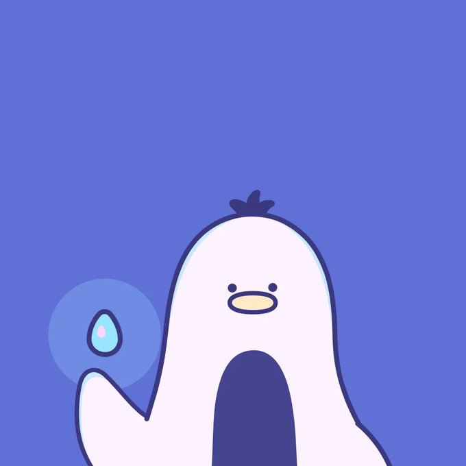 A simple cartoon illustration of a white penguin-like character on a blue background holding a glowing blue droplet.