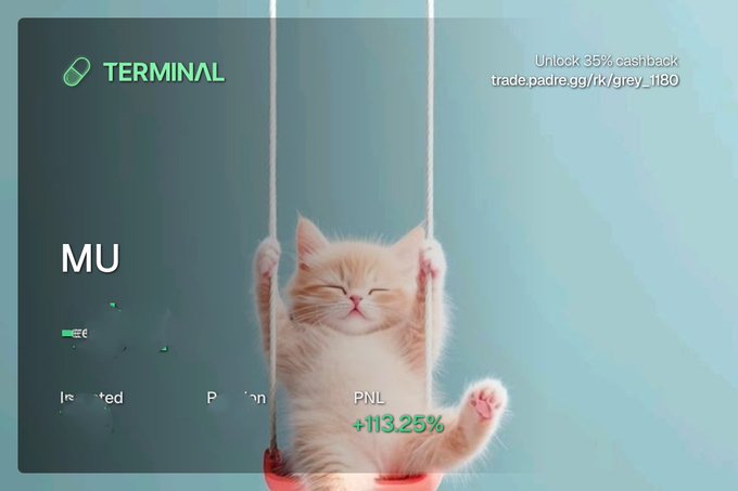 A cute orange and white kitten hanging from ropes on a swing against a blue background, with a digital trading interface overlay showing "TERMINAL," "MU," and a "PNL +113.25%" along with a referral link "trade.padre.gg/r/grey_1180".