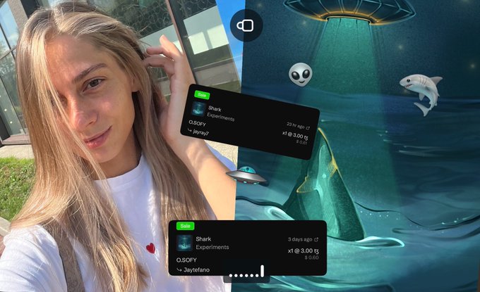 A split-screen showing a selfie of a blonde young woman on the left and an underwater shark scene with UFO overlays and crypto trading notifications for 'Shark Experiments' (x1 @ 3.00) on the right.