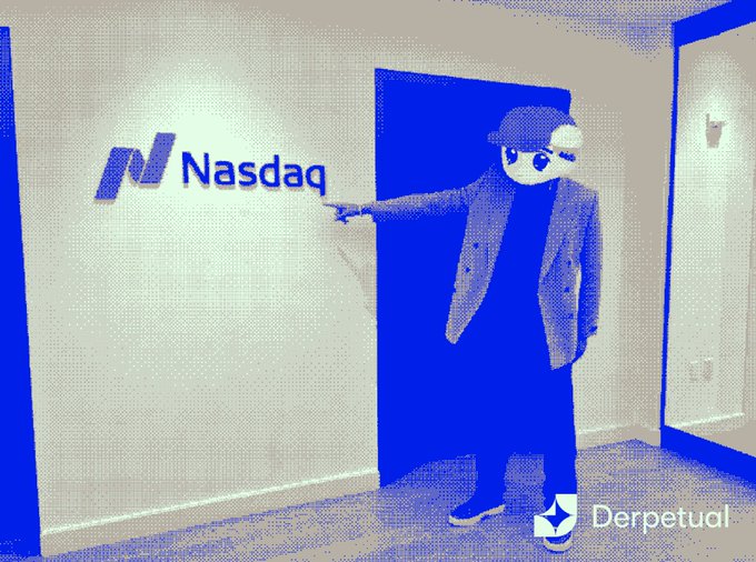 A stylized blue and cream illustration shows a figure in sunglasses and a blazer pointing at a large "Nasdaq" wall logo inside a modern office space, with "Derpetual" watermarked in the corner. The image visually contrasts the traditional Nasdaq branding with the Derpetual brand, reinforcing the post's message that Derpetual represents the next evolution beyond asset-based markets toward trading future values through equations rather than conventional tickers.