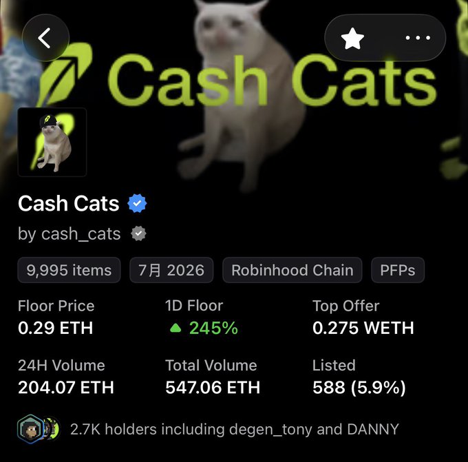 A crypto/NFT collection page for 'Cash Cats' by cash_cats, showing a floor price of 0.29 ETH, 24H Volume of 204.07 ETH, and 9,995 items on the Robinhood Chain.