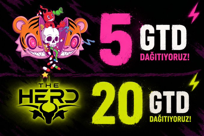 A promotional graphic announcing 'THE HERD' giving away 5 GTD and 20 GTD prizes, featuring a colorful skull mascot.