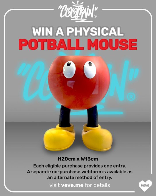 A VeVe promotional graphic offering a chance to 'WIN A PHYSICAL POTBALL MOUSE' featuring a red potato-like character with yellow shoes, visiting veve.me for details.