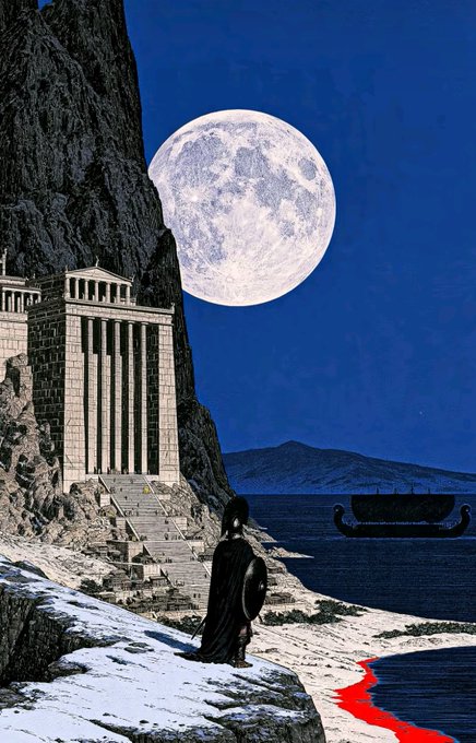 An illustration depicting an ancient, colossal statue carved into a mountain, resembling the Temple of Artemis, with a figure standing before it holding a shield. In the background, a Viking-style longship sails on the water under an enormous full moon, while a stream of red liquid flows from the figure toward the sea.