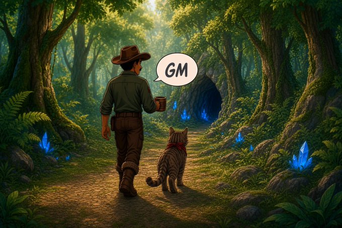A digital illustration of a man in a cowboy hat and cat walking through a forest path toward a cave, accompanied by a speech bubble saying 'GM'.