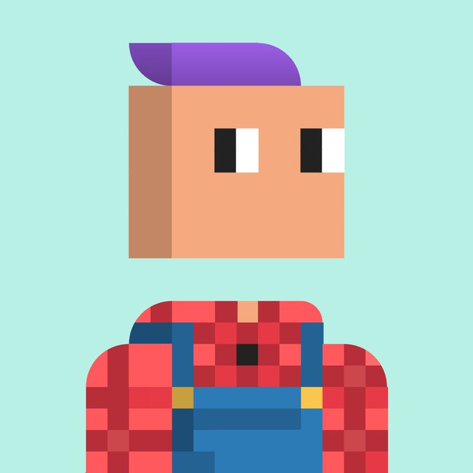 Minimalist pixel-art style illustration of a character with purple hair, a red checkered shirt, and blue overalls against a light teal background.