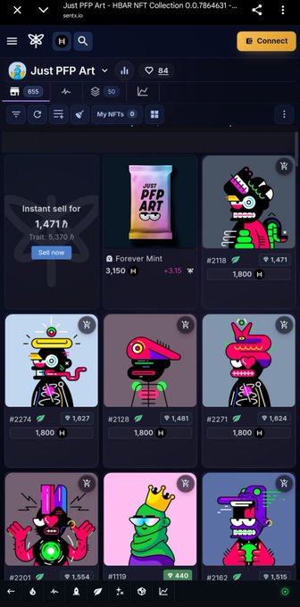 Mobile screenshot of the 'Just PPF Art' NFT collection marketplace page, displaying a grid of colorful cartoon character NFTs with prices listed in H, including a featured 'Instant sell for 1,471 ₮' listing and a 'Forever Mint' highlighted card.