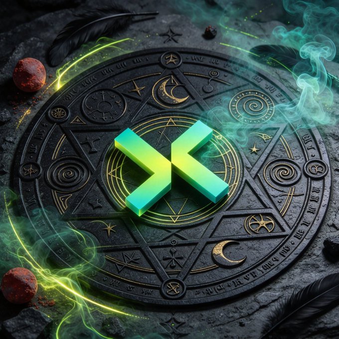 The image shows a 3D teal-green "X" logo resting on an ornate, ancient-looking black stone circular emblem engraved with mystical symbols (crescent moons, stars, spirals, and runes), surrounded by glowing green smoke, black feathers, and red stones on a dark stone surface—evoking an arcane summoning ritual that visualizes the occult, powerful nature of the "TermiX" AI platform referenced in the post.