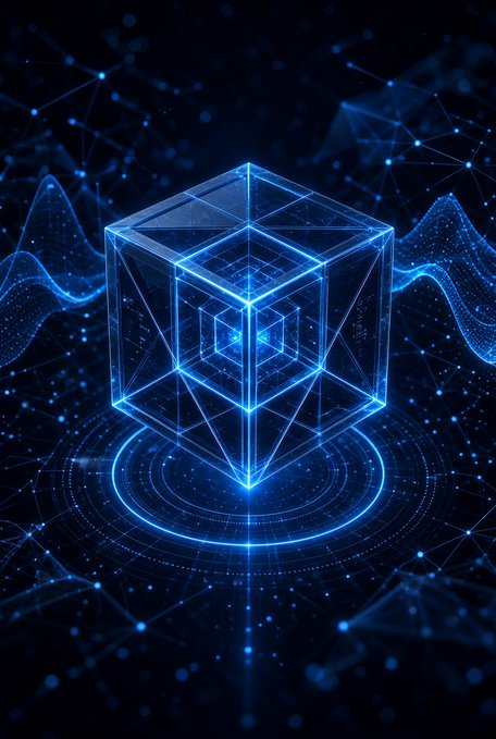A glowing blue wireframe hypercube floats above concentric digital ripples, surrounded by undulating waveform patterns and a constellation of networked nodes against a deep black background.

The image visually reinforces the post's theme of AI-powered autonomous execution and multi-chain financial infrastructure, with the nested geometric cube symbolizing layered blockchain protocols and the radiating waves representing the continuous, automated trading strategies executed by ARQ Terminal's agents on TermMax's fixed-rate platforms.