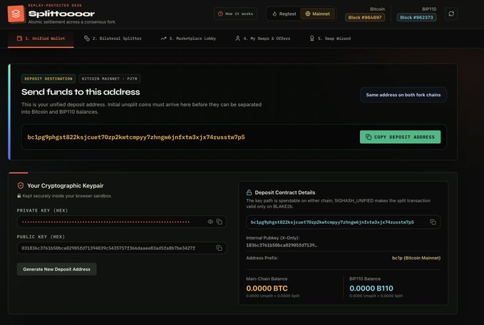 The image shows the "Splitdooorr" deposit dashboard for the Unified Wallet on the BIP-110 chain, displaying a unified Bitcoin/BIP110 deposit address (bc1pg9phgst822ksjcuet70zp2kwtcmpyy7zhnqa6jnxftw3xjx74russtv7p5), cryptographic keypair details, and balances of 0.0000 BTC and 0.0000 B110, illustrating the marketplace tool referenced in the article for swapping forked coin balances on the SHA256_UNIFIED chain that moved from SHA-256d to BLAKE2b proof-of-work.