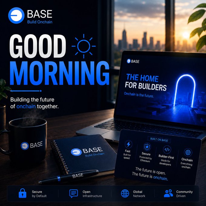 A promotional graphic for 'BASE - Build Onchain' featuring a 'GOOD MORNING' message alongside a laptop displaying 'THE HOME FOR BUILDERS', with branding merchandise like a mug, notebook, and pen.