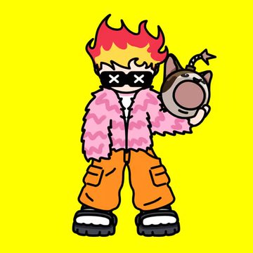 A stylized cartoon character with flame-shaped locks, sunglasses featuring "XX" designs, a pink fur coat, and orange cargo pants stands against a bright yellow background while holding a helmet adorned with a halo. The bold, streetwear-inspired artwork complements the brief post "got more," suggesting an acquisition or addition to one's collection.