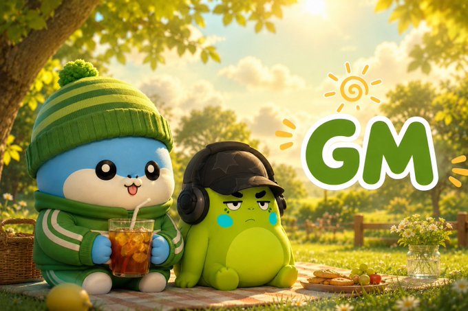 A cheerful blue character in a green beanie sips a drink while his grumpy green companion wears a "GM" cap, accompanied by the text "GM" with a sun icon, embodying the sleepy morning crypto greeting in the post.