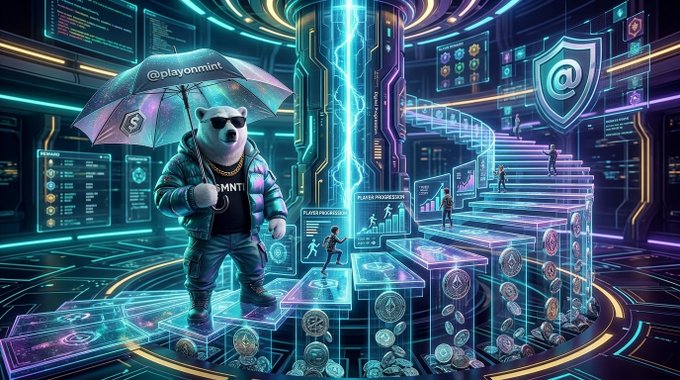 A vibrant neon cyberpunk scene featuring a panda character wearing sunglasses and a puffer jacket with an '@playonmint' branded umbrella, standing on glowing glass platforms with cryptocurrency tokens and digital UI elements around a central energy beam.