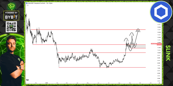 A cryptocurrency trading chart for LINKUSDT Perpetual Contract on Bybit, showing price action with horizontal support/resistance levels marked in red, accompanied by a presenter in the bottom left corner. The chart displays LINK's bullish structure with the recent price testing a key flipped support level around $12-13, visually supporting the analysis about defending this critical inflection point for potential bullish continuation.