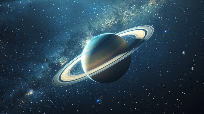An illustration of Saturn with its iconic rings set against a starry night sky, featuring the Milky Way and several smaller celestial bodies like moons or planets in the background.