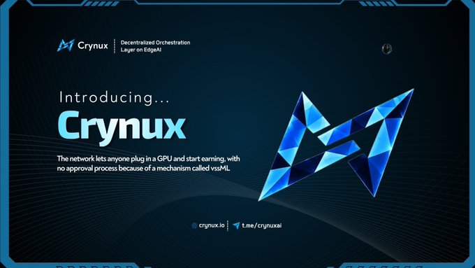 A promotional banner for Crynux introducing their "Decentralized Orchestration Layer on EdgeAI," featuring a blue geometric "M" logo and the tagline about earning by plugging in a GPU through a "vssML" mechanism, with the website crynux.io and Telegram link t.me/crynuxai displayed. The image aligns with the post's message by visually representing Crynux's mission to democratize AI through a decentralized GPU network.