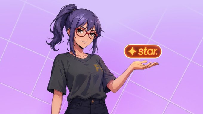 Anime-style illustration of a smiling girl with purple hair in a ponytail and glasses, holding out her hand beneath a glowing badge reading 'star.'