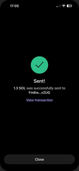 A mobile screenshot showing a successful transaction confirmation on a crypto wallet app, displaying a green checkmark with the text "Sent! 1.3 SOL was successfully sent to Fm6w...v2UG," with a "View transaction" link and "Close" button. The image serves as proof of the social media post's claim of sending $100 of SOL to a recipient, with the wallet address partially visible.