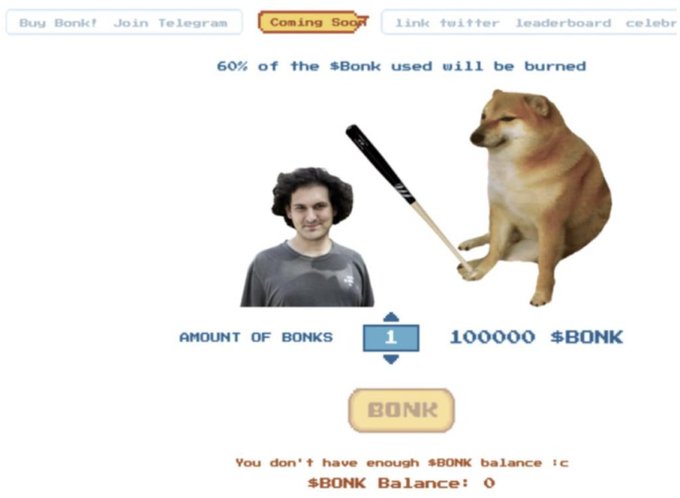 A parody cryptocurrency website for "$BONK" shows a man and a dog holding baseball bats, with text claiming "60% of the $Bonk used will be burned" and a $100,000 price tag, while displaying "You don't have enough $BONK balance" with a balance of 0, referencing the post's joke about "$buy" being a simple and effective trading strategy.