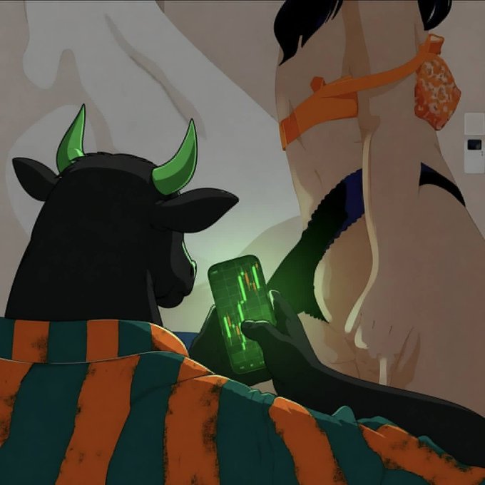 The caption for this image could read: "A cartoonish black bull with green horns captures the last moments of its day on a green-lit device, while a shirtless figure with dark hair and an orange harness distorts in the background, alluding to the end of a busy day in a playful digital twist on the $ANSEM story." The image humorously conveys the concept of unwinding after a productive day, with the bull representing the 'bullish' market sentiment and engaging in a modern digital activity, while the blurred figure adds an element of mystery and storytelling.
