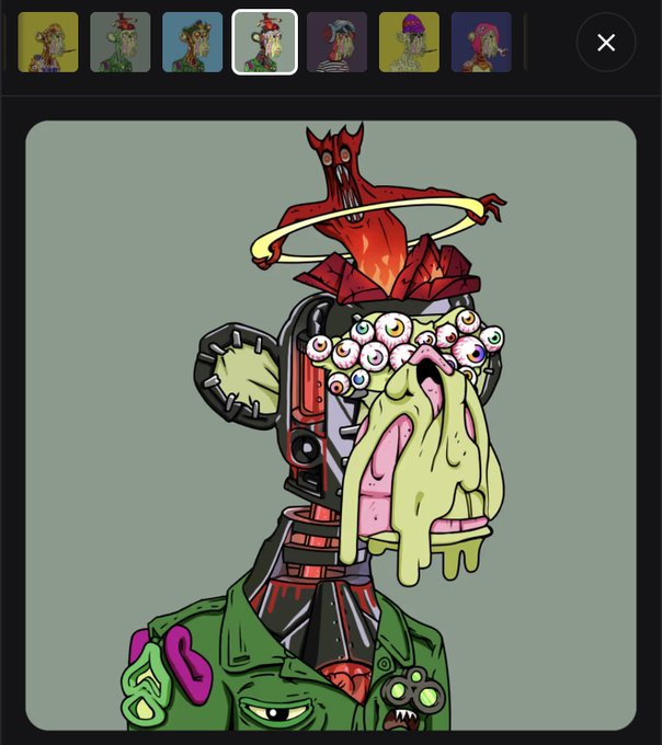 A grotesque digital avatar features a monstrous green creature with multiple bloodshot eyes, a dripping yellow snout, and a red crown topped with a screaming face, displayed in an NFT selection interface with seven thumbnail variants at the top. The post suggests imagining how this mutant Bored Ape-style character would appear within the OthersideMeta virtual world.
