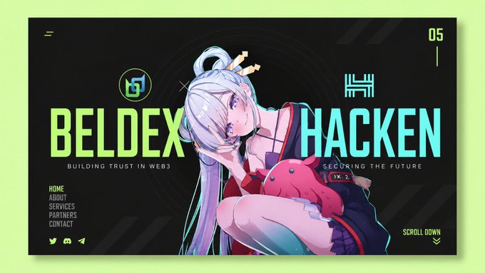 A promotional banner for a collaboration between "BELDEX" ("BUILDING TRUST IN WEB3") and "HACKEN" ("SECURING THE FUTURE"), featuring an anime-style character with silver hair on a dark background with neon green accents.