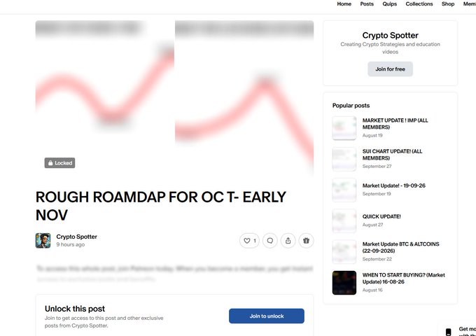 A webpage from 'Crypto Spotter' showing a locked post titled 'ROUGH ROAMDAP FOR OCT - EARLY NOV' about creating crypto strategies.