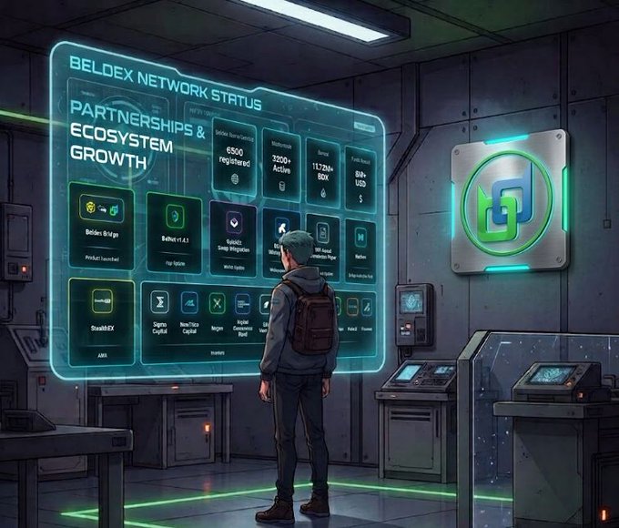 A digital illustration of a person looking at a 'BELDEX NETWORK STATUS' display titled 'PARTNERSHIPS & ECOSYSTEM GROWTH' inside a futuristic room.