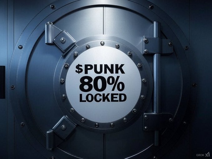 A realistic-looking image of a large metal bank vault door with heavy bolts and a central white circular panel displaying '$PUNK 80% LOCKED' in bold black text.