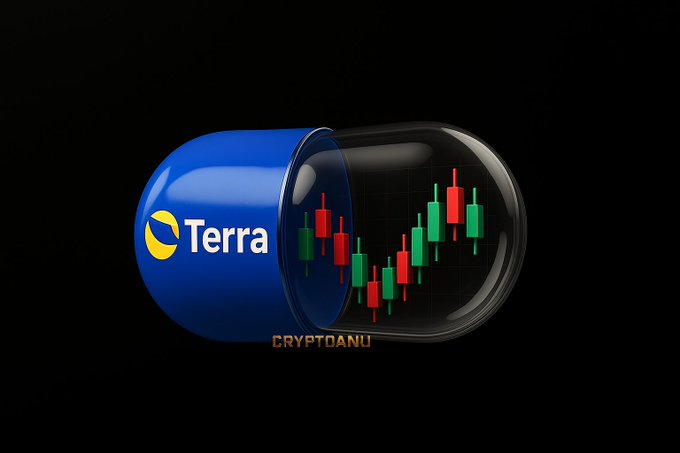 A 3D rendering of a blue and clear capsule pill; the blue half shows the 'Terra' cryptocurrency logo, while the transparent half contains a candlestick trading chart, with 'CRYPTOANU' text below.