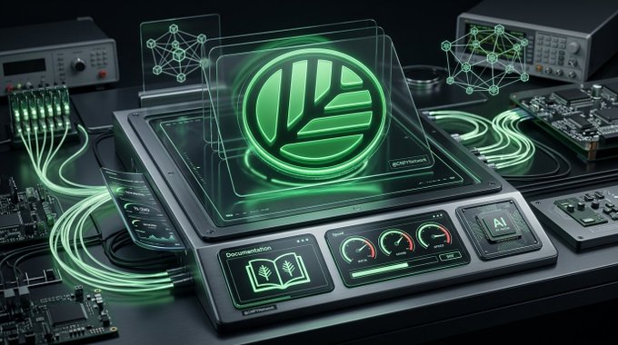 A futuristic device displays a green leaf logo on a transparent holographic screen, surrounded by electronic circuit boards, with interface elements labeled "Documentation" and "AI" and visible text "EcPNetwork".