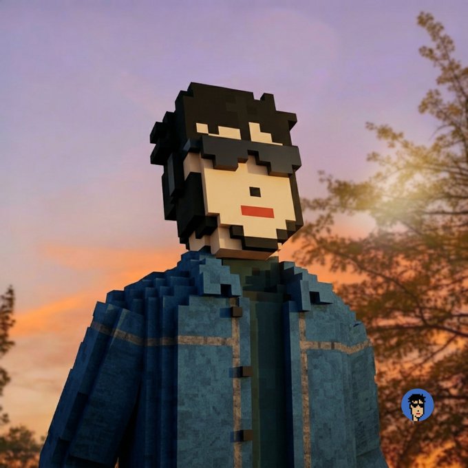 A voxel/pixel-style 3D rendered character with black hair, sunglasses, and a blue jacket stands against a sunset sky with trees in the background.