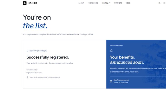 The image shows the HANOK whitelist registration confirmation page displaying "You're on the list" and "Successfully registered" for registration date Sep 21, 2026. This relates to the GIWA chain by Upbit, where HANOK appears to be one of the early projects participating in the GASOK ecosystem funding program before mainnet launch.