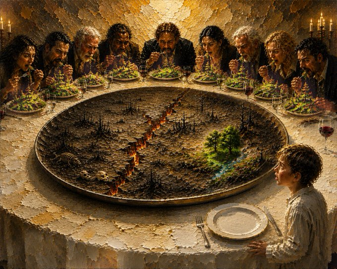 The image is a dark reinterpretation of Leonardo da Vinci's "The Last Supper," where the disciples and Christ sit around a table whose center is a devastated, barren landscape split by fire and decay—symbolizing humanity's final meal amid environmental ruin—while an empty place is set for a child who remains untouched by the destruction, appearing to watch in solemn witness.