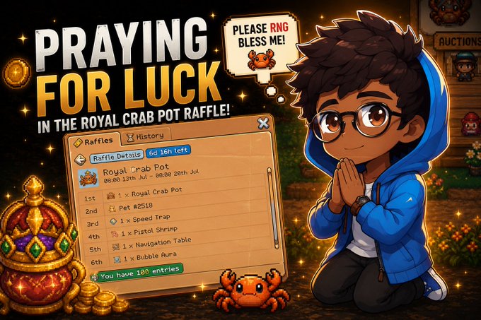 A game advertisement showing a chibi-style character with glasses praying, with a speech bubble saying 'PLEASE RNG BLESS ME!' and text reading 'PRAYING FOR LUCK IN THE ROYAL CRAB POT RAFFLE!', listing prizes like a Royal Crab Pot and 251B coins.