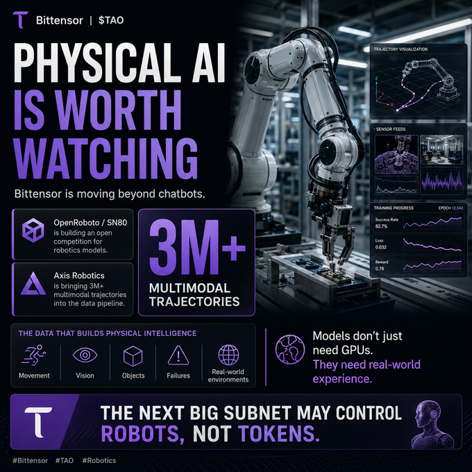 Promotional graphic for Bittensor ($TAO) titled 'Physical AI is Worth Watching,' highlighting 3M+ multimodal trajectories, partnerships with OpenRoboT/SN80 and Axis Robotics, and the tagline 'The next big subnet may control robots, not tokens.'