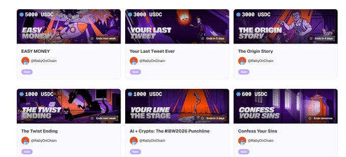 The image shows six different posts or pages with various descriptions about cryptocurrency and blockchain technology. The posts are arranged vertically against a gray background, making them easy to read and compare. Each post has its own unique title and description, providing information on the content of each page. The posts cover topics such as "The Originals Story", "The Twist Ending", and "The Stage". The image also contains some text that reads "@buttlaibyy I think you'd enjoy @RallyOnChain" and "@RallyOnChain it's a platform where creators can earn rewards through AI-evaluated campaigns that focus on the quality of ideas and content, not just audience size.".