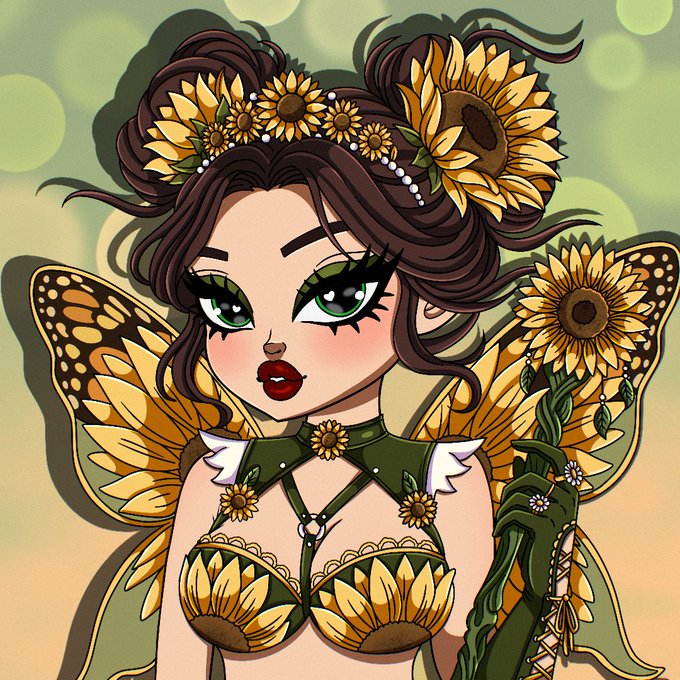 A stylized illustration of a girl with dark hair styled in buns decorated with sunflowers, green eyes, and a sunflower-themed outfit with butterfly-like wings.