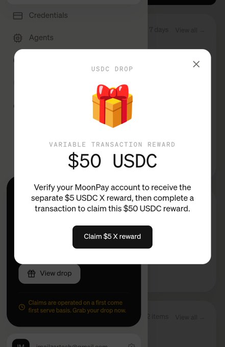 A mobile app screen shows a "USDC DROP" popup offering a "VARIABLE TRANSACTION REWARD" of "$50 USDC" with a black "Claim $5 X reward" button, referencing MoonPay verification.