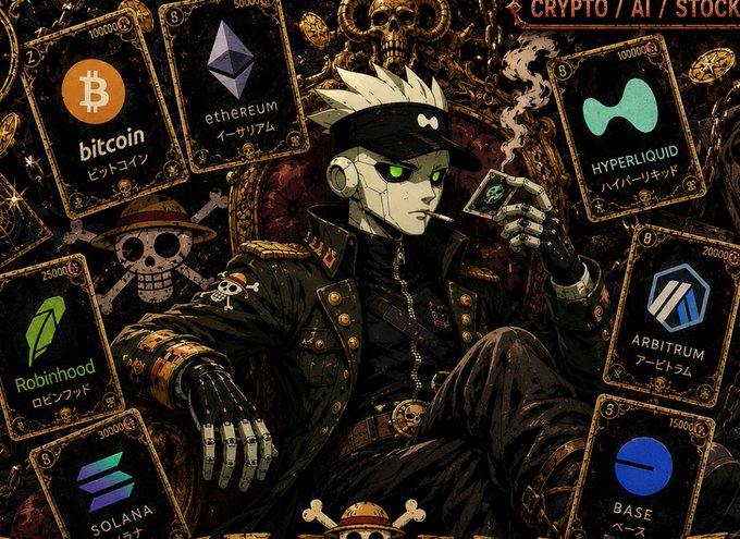 An anime-style illustration features a white-haired cyborg character smoking a cigarette, surrounded by cryptocurrency cards including Bitcoin, Ethereum, Hyperliquid, Arbitrum, Robinhood, Solana, and Base.