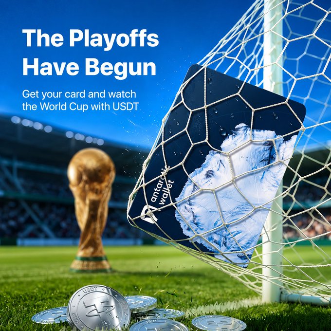 A promotional poster reading 'The Playoffs Have Begun - Get your card and watch the World Cup with USDT,' featuring a goal net, World Cup trophy, and USDT coins.